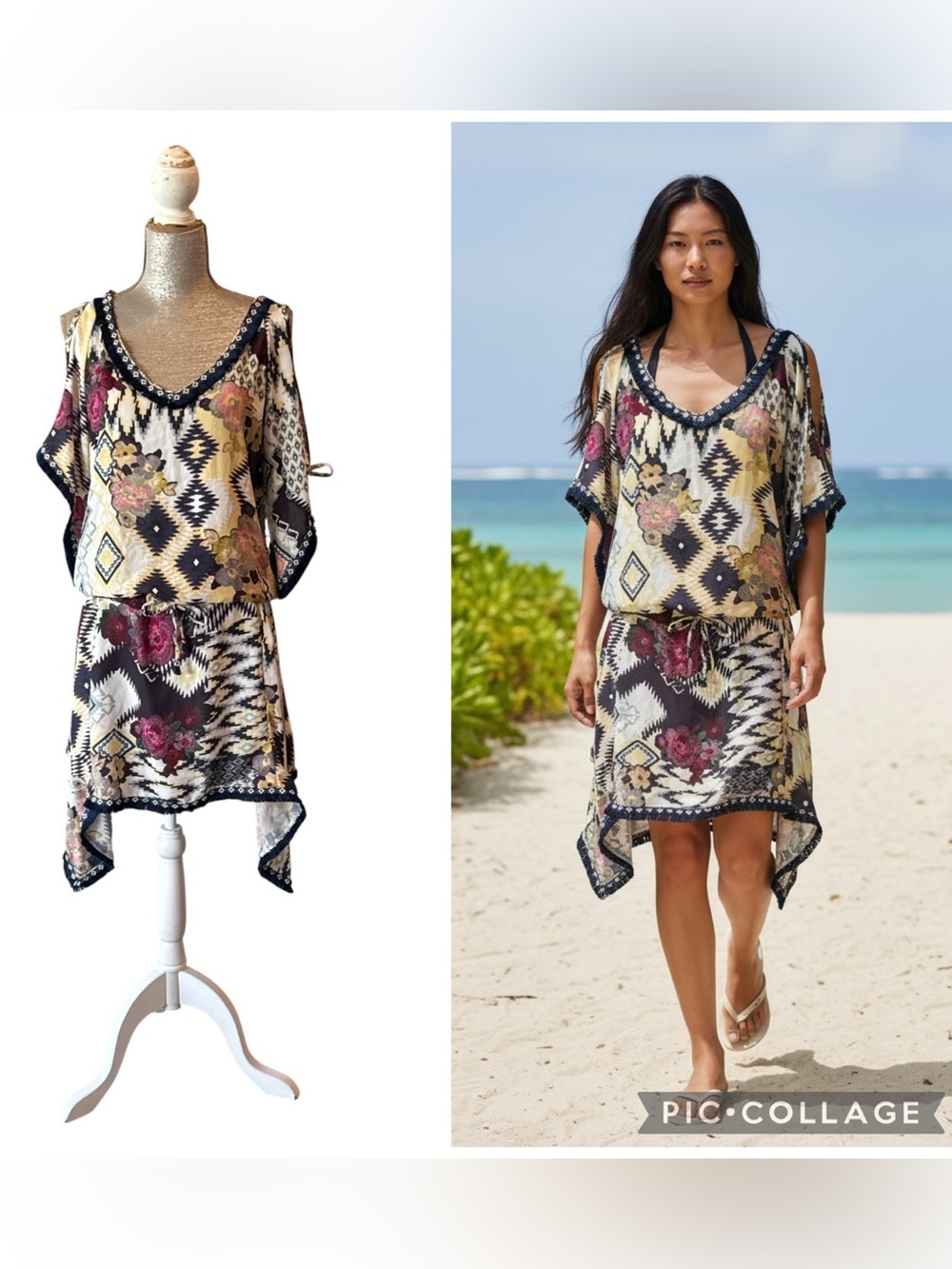 Despi Cheyenne White Multi Cold Shoulder Boho Swim Cover-Up Dress Size S NWT